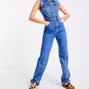 Topshop Kort denim jumpsuit in mid blue